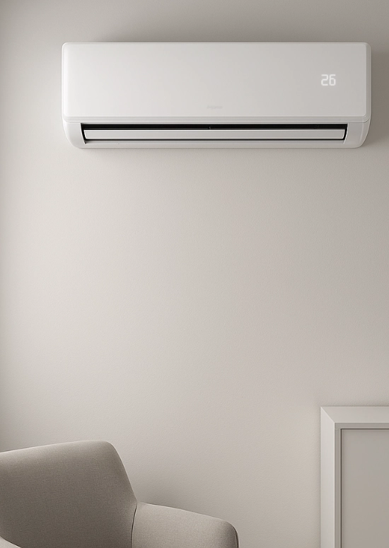 Minisplit blanco instalado en pared de sala minimalista con temperatura ajustada a 26 grados