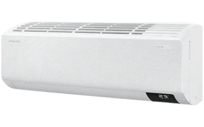 Aire acondicionado Samsung Wind-Free de 1 tonelada con WiFi, color blanco, ideal para habitaciones modernas y control inteligente.